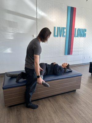 Our Flexologist John is demonstrating a Supine Twist which targets the Lumbar Spine.