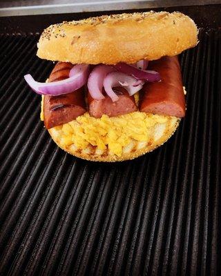 Lemmon Tree  : Uncle Chris Smokin Habanero Pimento Cheese (Winston Salem NC) red onion and smoked sausage on an Everything Bagel