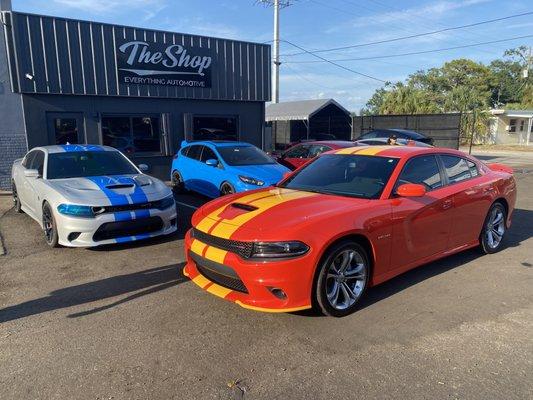 All the cool kids go to The Shop! Dodge Charger R/T, Dodge Charger Hellcat, Ford Focus RS, Tesla Model X Plaid.