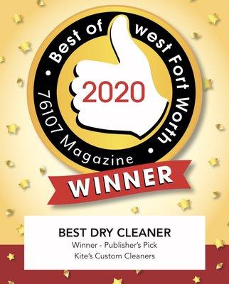 Voted Best Dry Cleaner 2020 in 76107 Magazine!