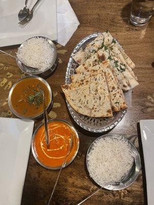 Lamb (Butter Masala) Makhani and Chicken Tikka Masala and Garlic Naan and Onion Kulcha Bread