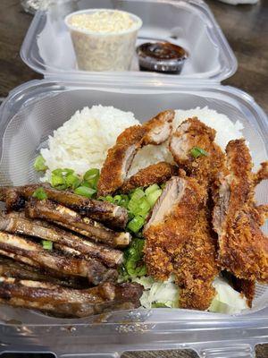 Chicken katsu and kalbi mixed plate