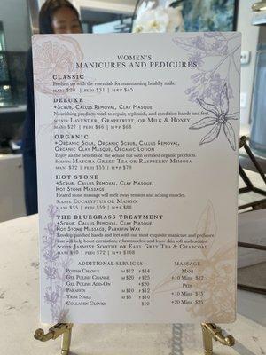 Menu with services and pricing