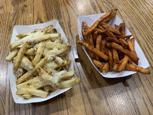 Garlic Parmesan Fries (left) and Sweet Potato Fries (right)