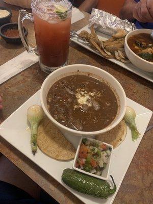 Black bean soup with slow cooked beef.