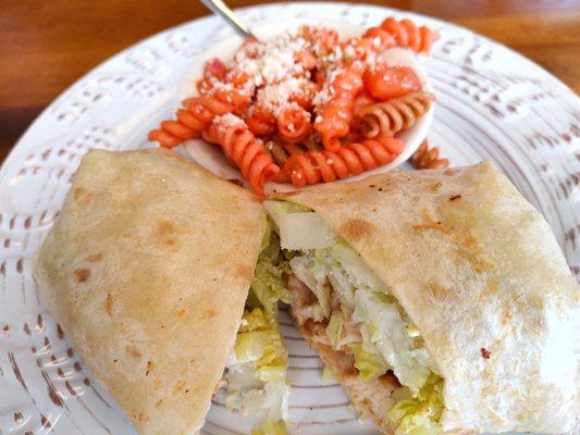 Chicken Caesar wrap with pasta salad