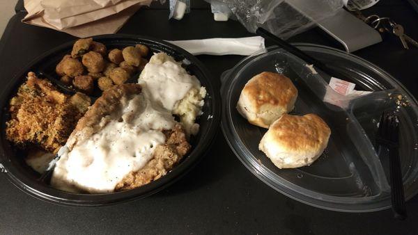 Country Fried Steak, Broccoli Cheese Casserole , Mashed Potatoes with Sawmill Gravy, Fried Okra, Buttermilk Biscuits