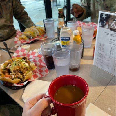 Lunch, coffee, salads, and tacos.