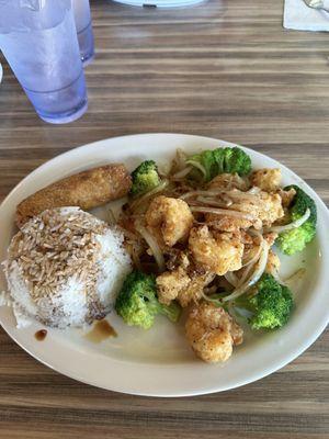 Five Spice Shrimp, rice, & Egg roll