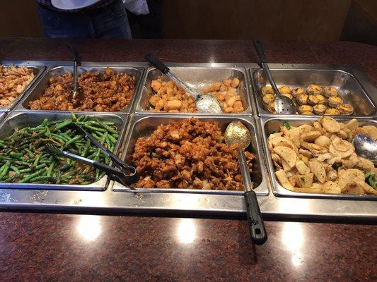 Green beans, peppered chicken, potatoes, stuff mushrooms, COCONUT CHICKEN, sesame chicken