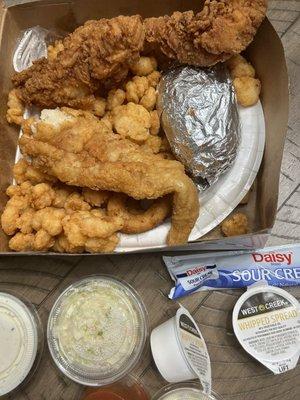 Flaky trout, plump popcorn shrimp, crispy chicken tenders, all good and satisfying.