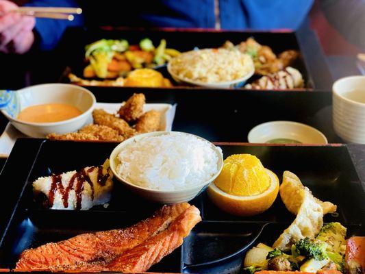 "Salt & Pepper Salmon" w/white rice Bento front (not on menu) Fried oysters in middle. Back/ "Shoga Yaki Pork" w/fried rice all Excellent.