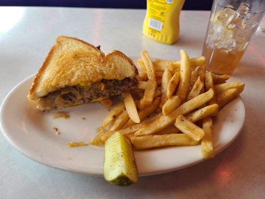 Patty melt, soggy fries, and a nice pickle.