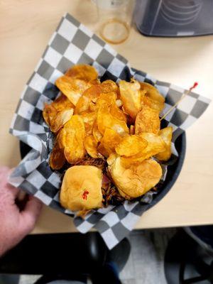 Pulled Pork Sliders with tangy Buffalo sause and home made chips