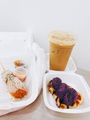 Korean corn dog, ube croffle, and Vietnamese iced coffee with extra condensed milk