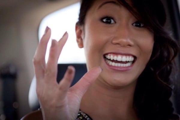 My daughter's teeth whitening for prom . (Excuse the weird hand gesture haha)