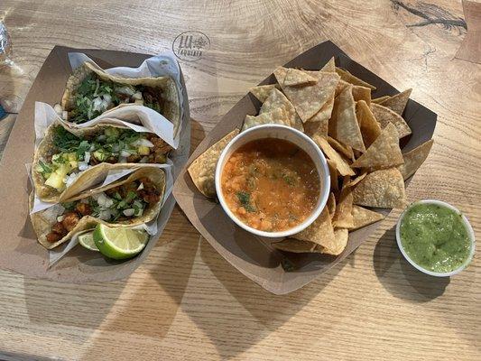 Shrimp, Al pastor, and carne asada tacos with chips and salsa. All excellent!