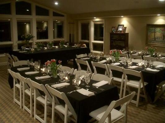 White Wood Folding Chairs, 8' Banquet Tables, Black Linens, White Napkins, Flatware, Glassware