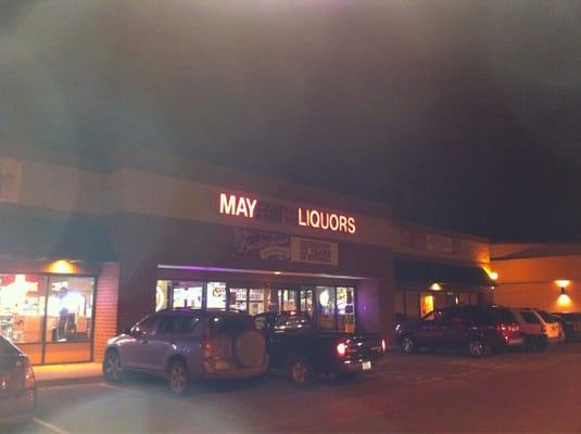 Mayfair Liquors at night.