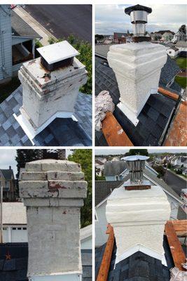 Repaired chimney, stucco, lining system installed. Before and after.