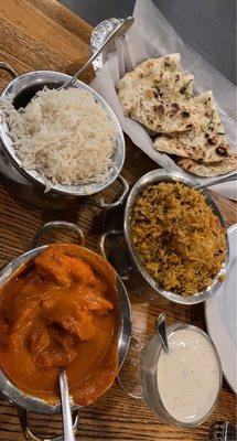 Butter Chicken, Shrimp Briyani, Basil Garlic Naan