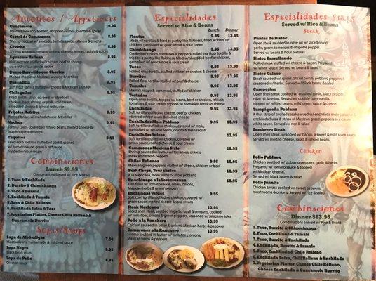 Take out menu as of 3/27/2021