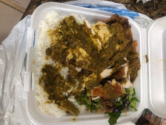 Fried Chicken with curry goat gravy and the salad