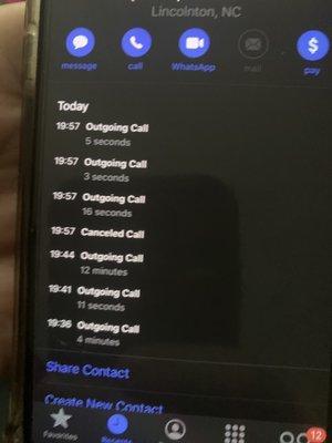 Call log from the night. Once leaving my wife on hold for 12 minutes only to be hung up on.