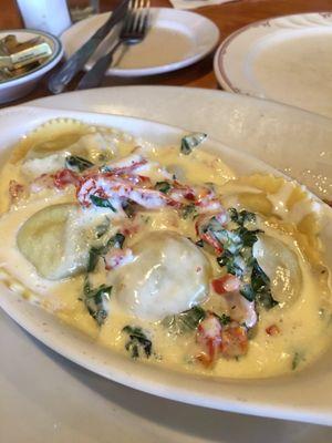 Vegetable ravioli with sun dried tomato sauce.