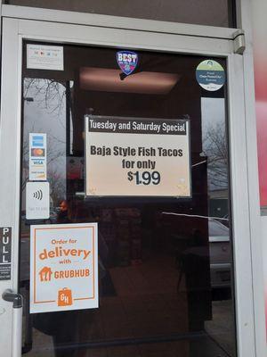 Taco Tuesday! Fish Tacos is now $1.99 each on Tue. & Sat.