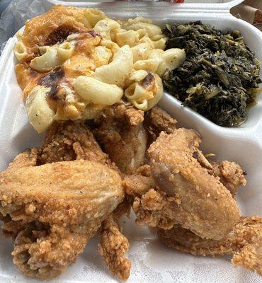 Fried chicken, mac & cheese, mustard greens