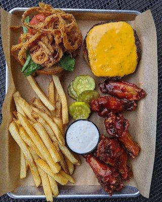 Burger, fries, wings