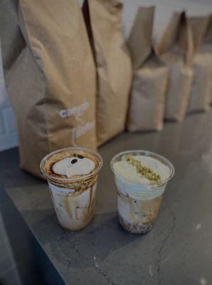 Vanilla Einspanner latte & Pistachio latte