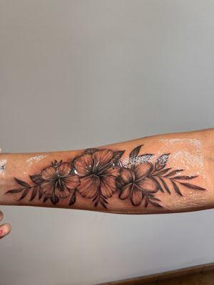 Hibiscus Plumeria Forearm Tattoo w/ Leaves