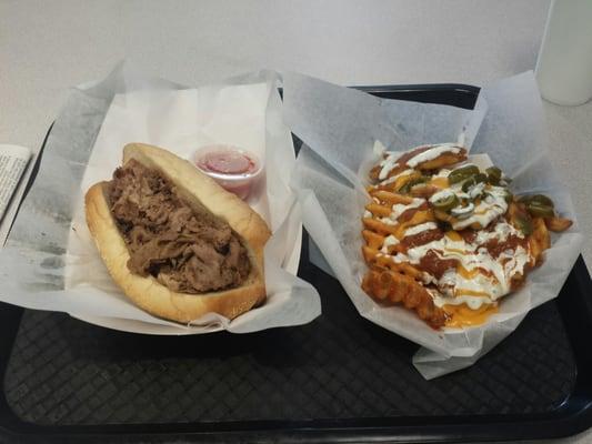 Italian Beef dipped and loaded waffle fries