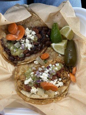 Black bean taco and a chicken taco