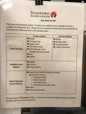 Menu for blood donors.