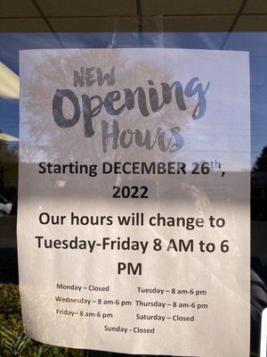 New hours start 12/26