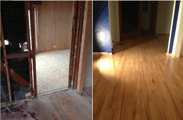 New flooring installed to match existing, refinished flooring.