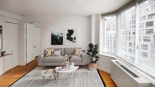 The living space in a luxury NYC apartment at Emerald Green in Midtown West Manhattan