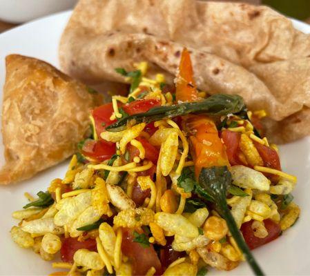 Bhel puri, samosa, and fresh chapati