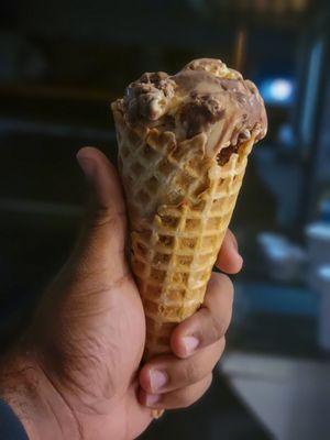 Waffle Cone w/ "Pup Chow" Muddy Buddy Chex Mix Ice Cream.