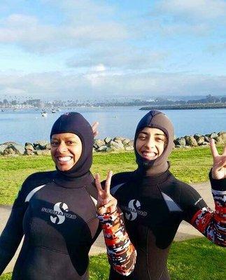 Mission Bay with our orange sleeves so we could spot each other in the water.