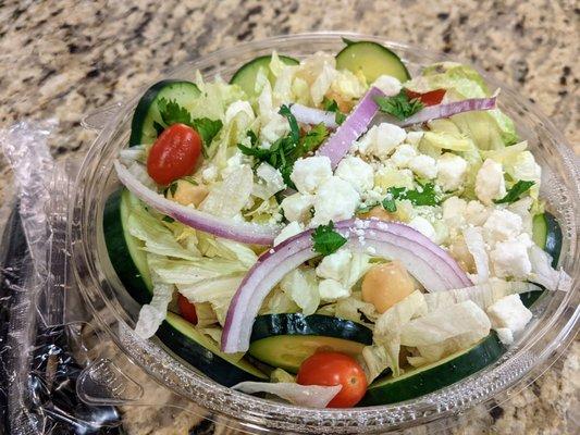 Regular (or small) sized salad for $5. Very fresh and a decent amount.