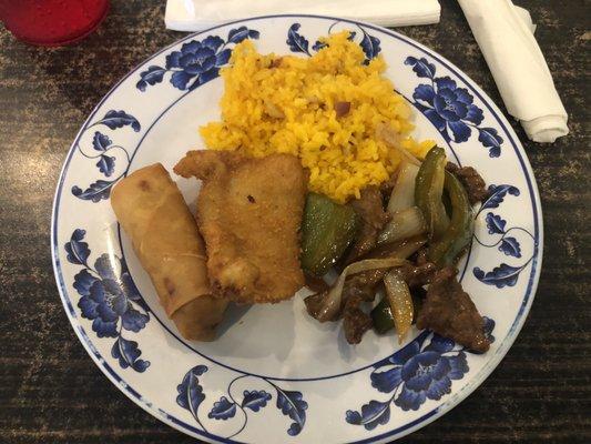 Rice, fried fish, spring roll, and pepper steak