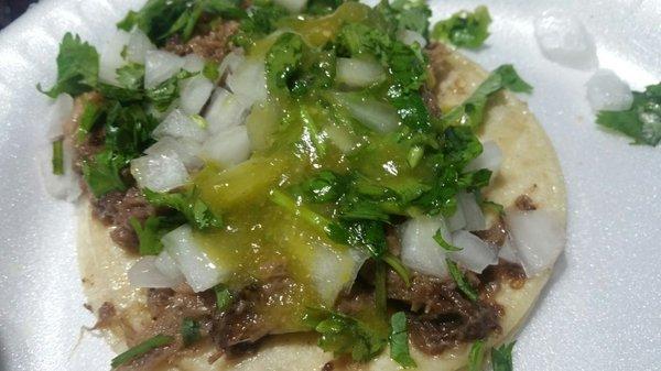 Lengua ($3) - meat was tender but underseasoned with greasy tortillas which made it hard to handle. Had to add more of the tasty green salsa