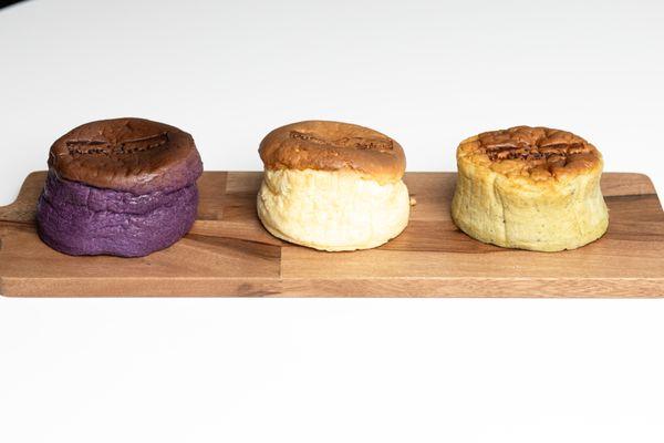 We freshly bake our Japanese Cheesecakes every day; available in traditional, matcha, and ube flavors!