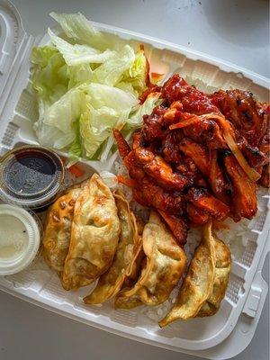 $17 - house special chicken ($2 for spicy), 5pc Gyoza, and egg roll