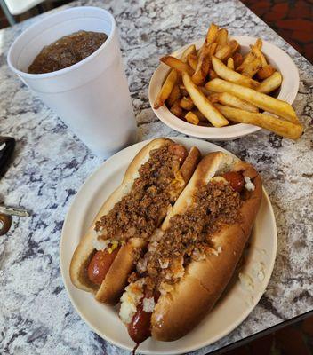 Two Norfolk Dogs with chili, mustard and onion with side of fries and drink. YUMMY!