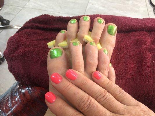 Pedicure & Acrylic nails with gel polish.